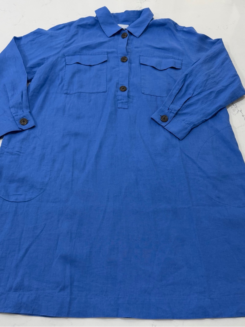 J. Jill Royal Blue 100% Linen Long Sleeve Button Pullover Dress Size 2X Pockets
